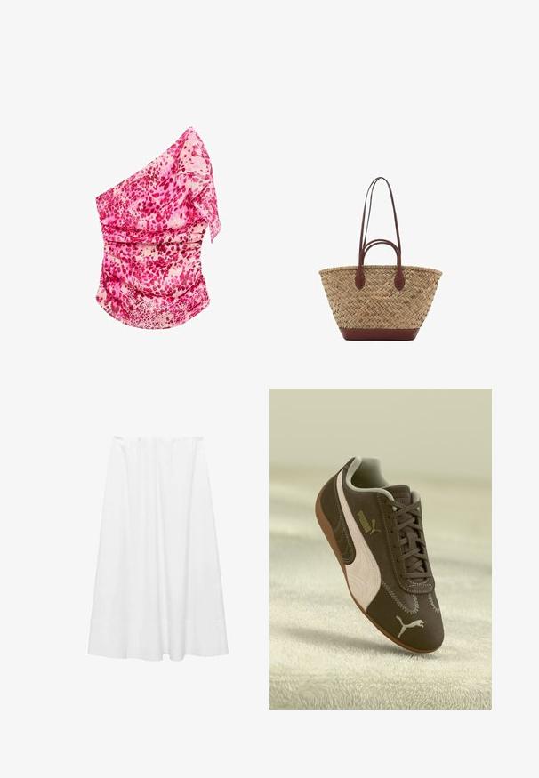 Rosa, gemêleerde top met één schouder en plooien. Bevat tinten roze en crème, lichte stof en een vloeiende vormgeving.; Witte midi rok van lichtgewicht stof, met een elastische tailleband, een gladde textuur en een licht uitlopende silhouet met een zoom.; Bruine Puma sneaker met een beige streep en logo, met veters, rustend op een gestructureerde beige ondergrond.; Geweven stro-tas met gevlochten textuur, donkerbruine leren handvatten en basis, wijd cirkelvormig ontwerp en open bovenkant.
