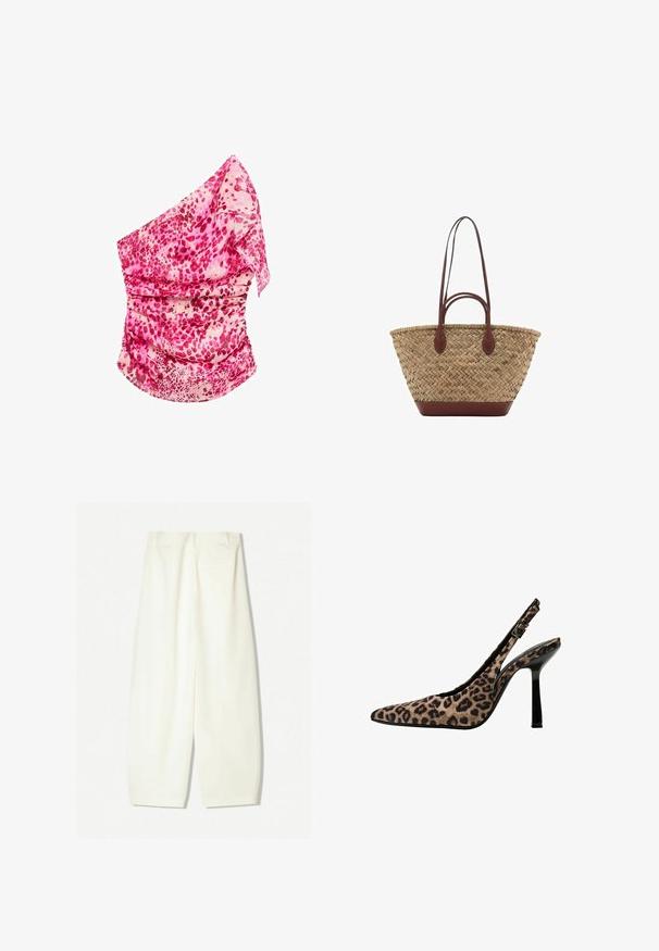 Lyserød, mønstrede top med én skulder og rynk. Har nuancer af lyserød og creme, letvægtsstof og et svævende design.; Bredde bukser i et blødt cremfabric, med en glat tekstur, forreste lommer og en afslappet pasform med en mid-rise talje.; Pattent med leopardprint og slingback hæle med spids tå, sorte patenterede detaljer, tynd høj hæl og justerbar spænde. Syntetisk materiale.; Vævet strå tote taske med flettet tekstur, mørkebrune læderhåndtag og bund, bred cirkulær form og åben topdesign.