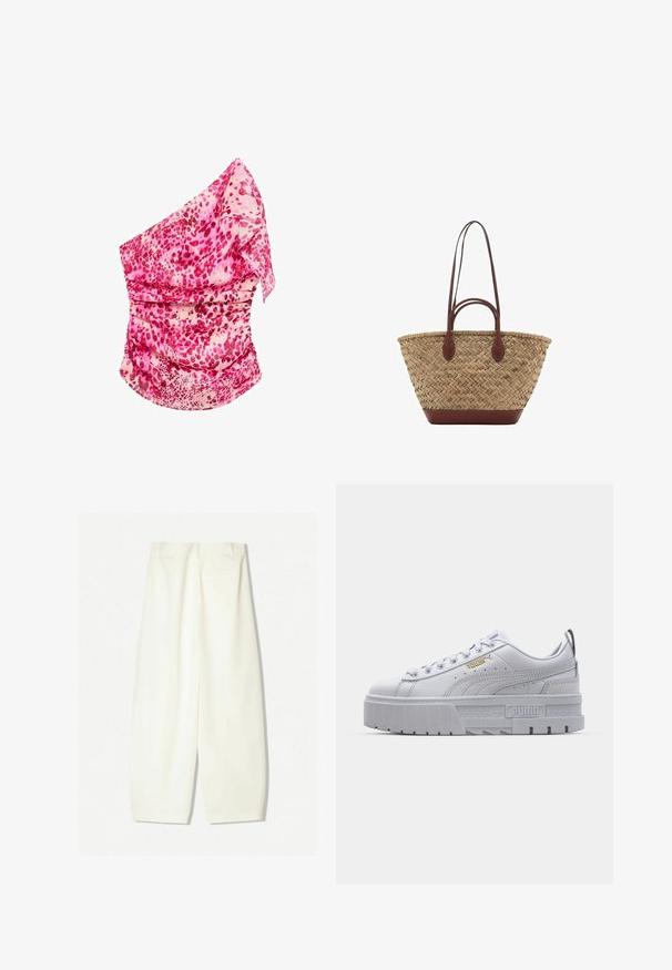 Vaaleanpunainen, kuviollinen olkaimia yhdistävä paita, jossa on rypytystä. Sisältää vaaleanpunaisen ja kermaisen sävyjä, kevyttä kangasta ja valuva muotoilu.; Kapeet, jotka ovat leveät ja valmistettu pehmeästä kermanvärisestä kankaasta, jossa on sileä pinta, etutaskut ja rento malli, keskiampuilla.; Valkoiset platform-tennarit, joissa on sileä nahkainen päällinen, pehmustettu nilkkaosa, harmaa kumipohja ja kultaiset yksityiskohdat, joissa on Puma-logo.; Kudottu oljetikassi, jossa on punottu rakenne, tummanruskeat nahkakahvat ja pohja, leveä pyöreä muoto ja avoin ylhästä muotoilu.