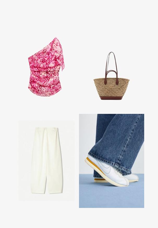 Vaaleanpunainen, kuviollinen olkaimia yhdistävä paita, jossa on rypytystä. Sisältää vaaleanpunaisen ja kermaisen sävyjä, kevyttä kangasta ja valuva muotoilu.; Kapeet, jotka ovat leveät ja valmistettu pehmeästä kermanvärisestä kankaasta, jossa on sileä pinta, etutaskut ja rento malli, keskiampuilla.; Valkoiset nahkakengät keltaisilla yksityiskohdilla, pyöreällä nilkalla ja teksturoidulla kumipohjalla, yhdistettyinä tummansinisiin leveälahkeisiin farkkuihin.; Kudottu oljetikassi, jossa on punottu rakenne, tummanruskeat nahkakahvat ja pohja, leveä pyöreä muoto ja avoin ylhästä muotoilu.