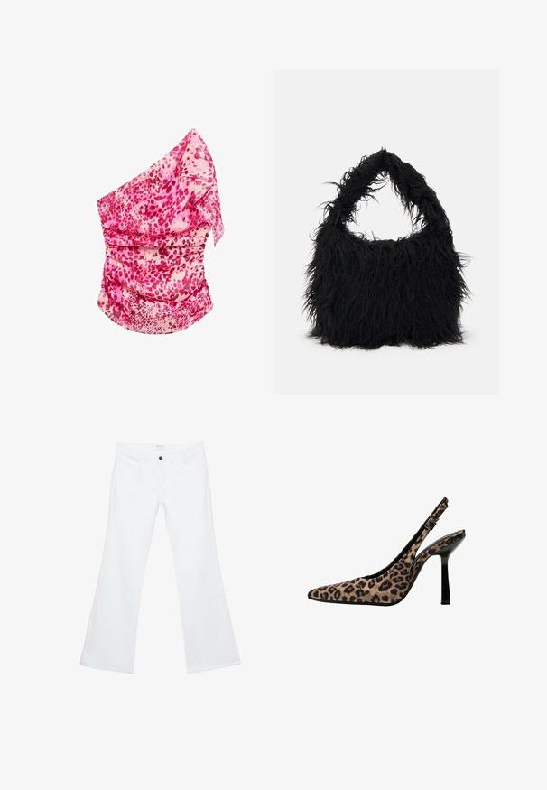 Vaaleanpunainen, kuviollinen olkaimia yhdistävä paita, jossa on rypytystä. Sisältää vaaleanpunaisen ja kermaisen sävyjä, kevyttä kangasta ja valuva muotoilu.; Valkoiset, leveälahkeiset farkut, joissa on litteä etuosa ja selkeä ompelu, kaksi etutaskua ja yksi musta nappi vyötäröllä.; Korkokenkä, jossa on leopardi-kuosiset kantapäät, terävä kärki, mustat lakatut yksityiskohdat, ohut korkea korko ja säädettävä solki. Synteettistä materiaalia.; Even&Odd Shopping bag - black