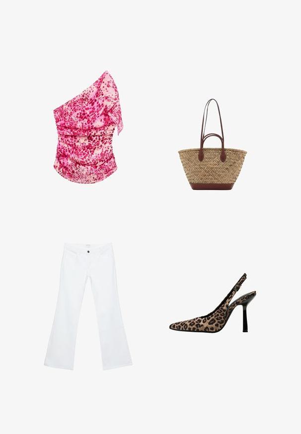Růžový, vzorovaný top na jedno rameno s nařasením. Vyznačuje se odstíny růžové a krémové, lehkým materiálem a splývavým designem.; Bílé rozšířené džíny vyrobené z denimu, s plochým předním dílem a výrazným prošíváním, dvěma předními kapsami a jedním černým knoflíkem v pase.; Lodičky na podpatku se zvířecím potiskem leopardí kůže, s špičatou špičkou, černými lesklými akcenty, tenkým vysokým podpatkem a nastavitelným páskem se sponou. Syntetický materiál.; Tkaná slaměná taška s pletenou texturou, tmavě hnědé kožené uchy a dnem, široký kulatý tvar a otevřený vrchní design.
