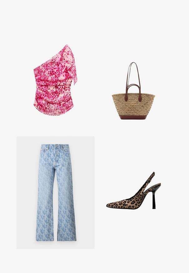 Roza, vzorčasta bluza z enim ramenom in nabranim detajlom. Ima odtenke roza in smetane, lahkotno tkanino ter tekoč dizajn.; Svijetloplave traperice s širokim nogavicama, s uzorkom međusobno povezanih slova u nešto tamnijoj nijansi. Klasičan dizajn s pet džepova.; Čevlji s peto v leopardjem vzorcu, s konicami, črnimi lakastimi detajli, tanko visoko peto in nastavljivim zaponko. Sintetični material.; Tkana torba iz trstike z pleteno teksturo, temno rjavi usnjeni ročaji in dno, široka okrogla oblika in odprt vrhnji del.