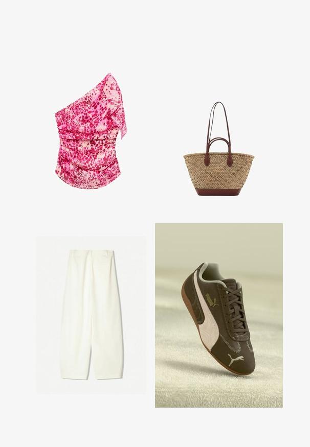 Ružový, vzorovaný top na jedno rameno s nariasením. Obsahuje odtiene ružovej a krémovej farby, ľahký materiál a splývavý dizajn.; Bavlnené nohavice s širokými nohavicami v jemnej krémovej farbe, s hladkým povrchom, prednými vreckami a voľným strihom s pásom strednej výšky.; Hnedé tenisky Puma so béžovým pruhom a logom, šnurované, odpočívajúce na textúrovanom béžovom povrchu.; Tkána slamenná taška s prepletenou textúrou, tmavohnedé kožené rúčky a dno, široký obľúkový tvar a otvorený dizajn na vrchu.