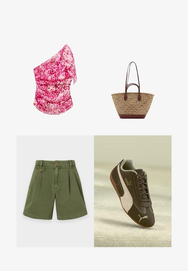 Roza, vzorčasta bluza z enim ramenom in nabranim detajlom. Ima odtenke roza in smetane, lahkotno tkanino ter tekoč dizajn.; Khaški kratke hlače iz bombaža, z nabranim dizajnom, gumbom na pasu in stranskimi žepi. Gladka tekstura in ravno krojena nogavica.; Brahno Puma superge z bež črtami in logotipom, z vezalkami, počiva na teksturirani bež površini.; Tkana torba iz trstike z pleteno teksturo, temno rjavi usnjeni ročaji in dno, široka okrogla oblika in odprt vrhnji del.