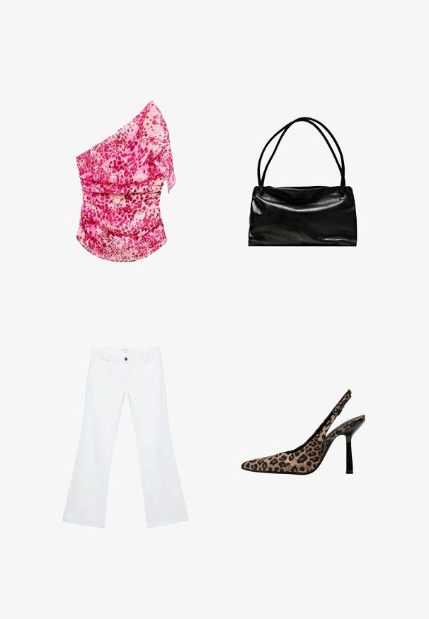 Lyserød, mønstrede top med én skulder og rynk. Har nuancer af lyserød og creme, letvægtsstof og et svævende design.; Hvide, flagrende jeans lavet af denim, med flad front og tydelig syning, to forlommer og en enkelt sort knap i taljen.; Pattent med leopardprint og slingback hæle med spids tå, sorte patenterede detaljer, tynd høj hæl og justerbar spænde. Syntetisk materiale.; Sort lædertaske med en glat overflade, rektangulær form og to lange håndtag. Enkel design uden synligt hardware eller dekorationer.