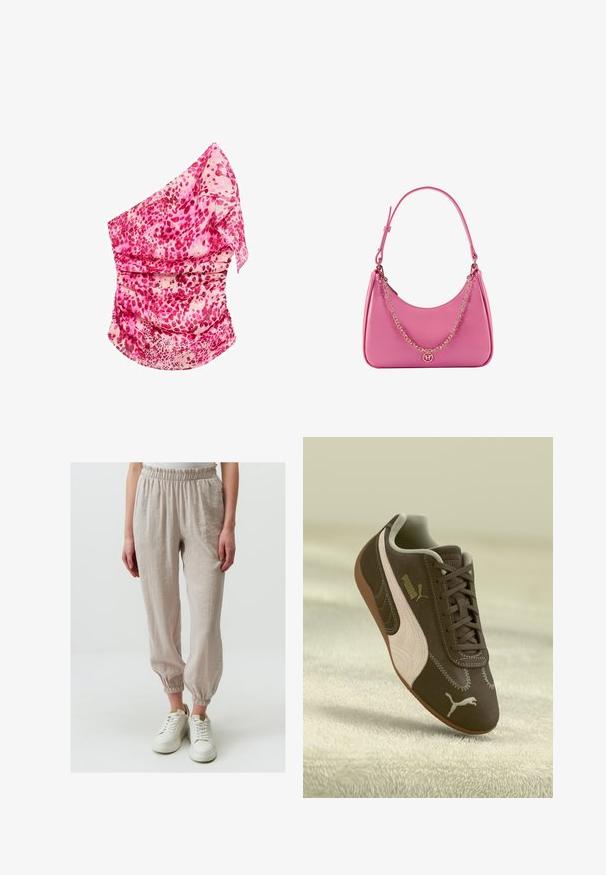 Pink, patterned one-shoulder top with ruching. Features shades of pink and cream, lightweight fabric, and a flowing design.; Light beige pants with an elastic waistband and gathered ankles, made of a textured fabric, paired with white sneakers.; Brown Puma sneaker with beige stripe and logo, laced, resting on a textured beige surface.; Pink synthetic shoulder bag with a curved shape, smooth texture, removable chain strap, and a circular logo detail on the front.