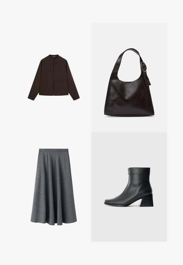 Giacca button-up marrone scuro con colletto rotondo, maniche lunghe e una texture liscia. Presenta cinque bottoni sul davanti e una vestibilità rilassata.; Gonna midi A-line grigia realizzata in un tessuto misto lana texturizzato. Presenta una vita alta e una silhouette ampia e fluttuante.; Stivaletto in pelle nera con punta quadrata, cerniera laterale e tacco squadrato su sfondo chiaro uniforme.; Borsa a spalla in pelle marrone con una texture liscia, forma arrotondata, ampia tracolla e un accento metallico circolare sul manico.