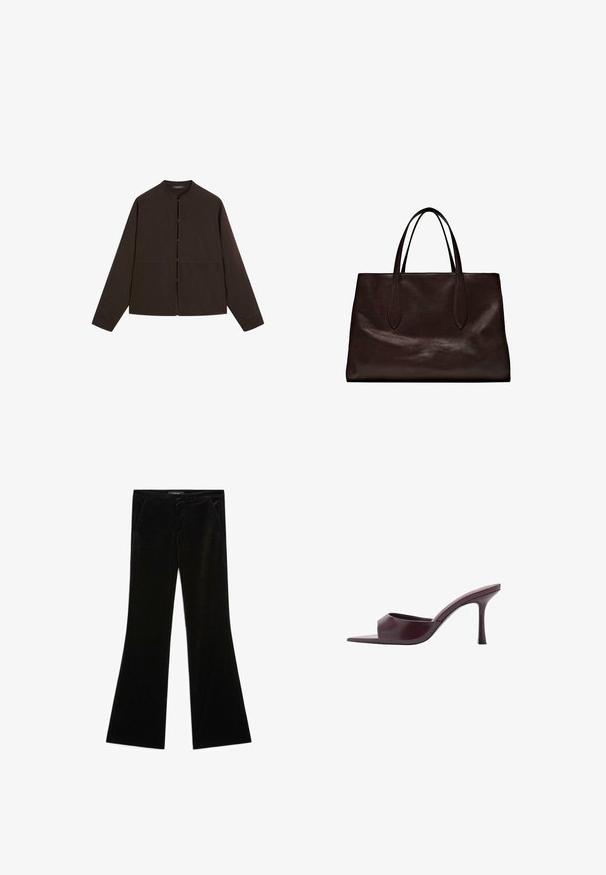Dunkelbraune Knopfjacke mit rundem Kragen, langen Ärmeln und einer glatten Textur. Verfügt über fünf Knöpfe auf der Front und einen lockeren Schnitt.; Schwarze Samtglanz-Hose mit ausgestelltem Schnitt, glatter Textur, zwei vorderen Taschen und einer taillierten Passform, entworfen für eine schlanke Silhouette.; Burgunderfarbene High-Heel-Mules mit quadratischer Zehenpartie, aus glattem Leder gefertigt. Sie verfügen über ein elegantes, minimalistisches Design und einen schmalen Absatz.; Massimo Dutti Handtasche - brown