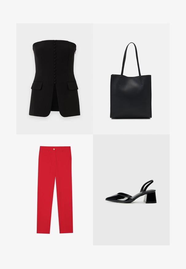 ONLY ONLELLY LIFE - Bluza - black; Rdeče hlače s ravnim krojem, ravnim sprednjim delom, enojnim gumbom in dvema stranskima žepoma. Gladka tkanina brez vidnih vzorcev ali okraskov.; Črne lakirane slingback pete s koničastim nosom in geometrijsko blokasto peto. Imajo eleganten, minimalističen dizajn in gladko teksturo.; Črna usnjena torba s svilnato teksturo, pravokotne oblike in dvema dolgima ročajema. Brez vidnih metalnih delov ali okrasnih elementov.