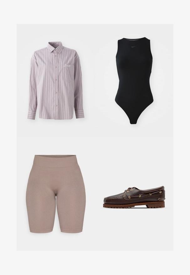 Šviesiai violetinė marškinė su vertikaliomis tamsiai pilkomis juostelėmis. Turime mažą krūtinės kišenę ir siuvinėtą logotipą kairėje pusėje.; Juodas be rankovių maudymosi kostiumėlis su aukšta apykakle, elegantišku dizainu ir Nike logotipu krūtinės srityje. Pagamintas iš lygaus, tampraus audinio.; Aukštai užsidėtos bėgimo šortai su raukšlėmis, pagaminti iš neryškaus taupe atspalvio, pasižymintys lygiu paviršiumi ir elastinga juosta patogumui ir tinkančiam dydžiui.; Rudos odinės jachtų bateliai su auksinėmis akytėmis, apvaliais raiščiais ir tekstūruota ruda gumine padu. Yra siuvinėti dekoratyviniai elementai ir iškeltas logotipas.