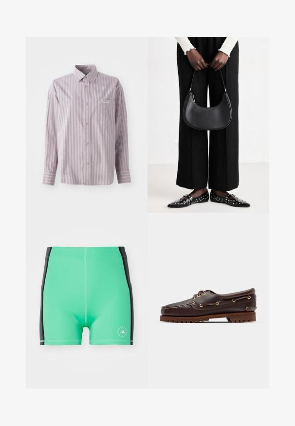 Camisa abotoada em lavanda com riscas verticais em cinza escuro. Apresenta um pequeno bolso no peito e um logotipo bordado no lado esquerdo.; Calções de banho verdes com acentos laterais pretos, feitos de um tecido elástico. Apresenta um logótipo no canto inferior direito e costuras planas para maior conforto.; Sandal de barco em couro castanho com ilhós dourados, atacadores redondos e uma sola de borracha castanha texturizada. Apresenta detalhes costurados e um logótipo em relevo.; Bolsa de ombro de couro preta com forma arredondada, acabamento brilhante e ferragens prateadas. Pessoa vestindo calças largas pretas e mocassins com tachas.