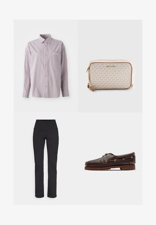 Košile na knoflíky v levandulové barvě s vertikálními pruhy tmavě šedé. Obsahuje malou náprsní kapsu a vyšitý logo na levé straně.; Černé legíny s vysokým pasem, vyrobené z elastického materiálu, s hladkou texturou a rovnými nohavicemi. Bez viditelných vzorů nebo akcentů.; Hnědé kožené lodní boty se zlatými očky, kulatými tkaničkami a texturovanou hnědou gumovou podrážkou. Obsahují zašitý detail a vyvýšené logo.; Krémová křížová taška vyrobená z plátna s opakujícím se vzorem loga MK, zlatými kovovými doplňky a řetízkovým popruhem. Obsahuje zipové zapínání a kožené akcenty.
