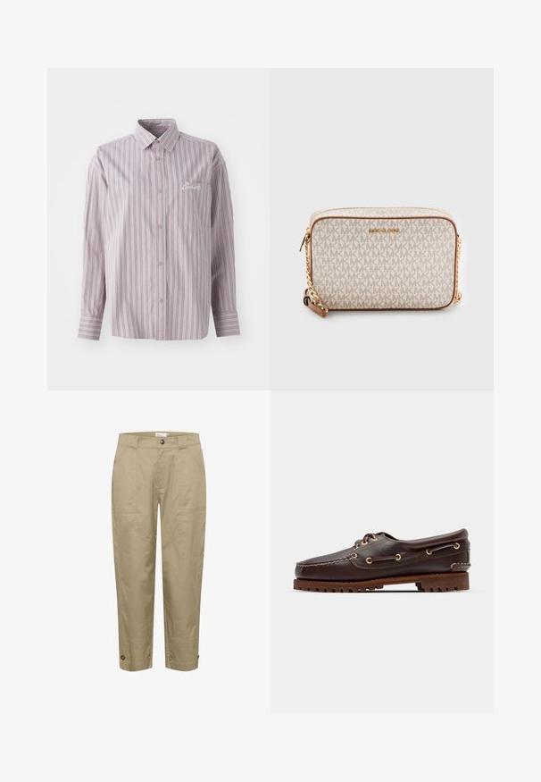 Koszula na guziki w kolorze lawendowym, z pionowymi paskami w ciemnoszarym kolorze. Posiada małą kieszonkę na piersi oraz haftowane logo po lewej stronie.; Beżowe, lekkie spodnie o prostym kroju, z bocznymi kieszeniami i guzikami przy dolnym wykończeniu, które pozwalają na regulację dopasowania i stylu.; Brązowe skórzane buty w stylu boat shoe z złotymi oczkami, okrągłymi sznurowadłami oraz teksturowaną brązową gumową podeszwą. Zawierają przeszycia i wypukłe logo.; Beżowa torba na ramię wykonana z płótna z powtarzającym się wzorem logo MK, złotymi elementami metalowymi i łańcuszkowym paskiem. Posiada zamek błyskawiczny oraz skórzane akcenty.