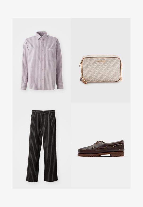 Lavendelfarbenes Button-up-Hemd mit vertikalen Streifen in Dunkelgrau. Verfügt über eine kleine Brusttasche und ein gesticktes Logo auf der linken Seite.; Schwarze weit geschnittene Hose mit vertikalen Nadelstreifen, aus glattem Stoff gefertigt, mit Knopfverschluss und seitlichen Taschen.; Braune Lederbootsschuhe mit goldenen Ösen, runden Schnürsenkeln und einer strukturierten braunen Gummisohle. Verfügt über genähte Details und ein erhabenes Logo.; Beige Umhängetasche aus Canvas mit einem sich wiederholenden MK-Logo-Muster, goldfarbenen Beschlägen und einem Kettenriemen. Mit Reißverschlussverschluss und Lederakzenten.