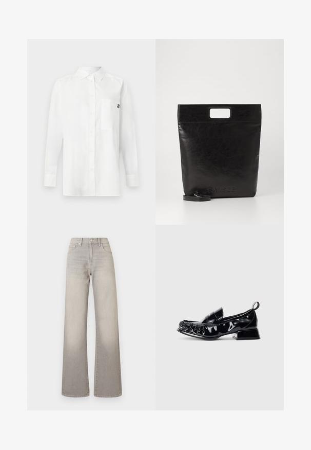Witte langemouwenshirt gemaakt van een katoenmix, met een button-down kraag, een borstzak en een klein zwart logo op de borst.; Grijze wijde jeans met een vervaagde afwerking, knoopsluiting, vijfzakkenontwerp en gestikte details langs de naden.; Zwarte patenten leren loafer met vierkante neus, gegATHERd detail, lage blokhak en een trektab aan de achterkant op een witte achtergrond.; Zwarte leren draagtas met een vierkant handvat, met een gestructureerde afwerking en een reliëflogo. Inclusief een afneembare schouderband.