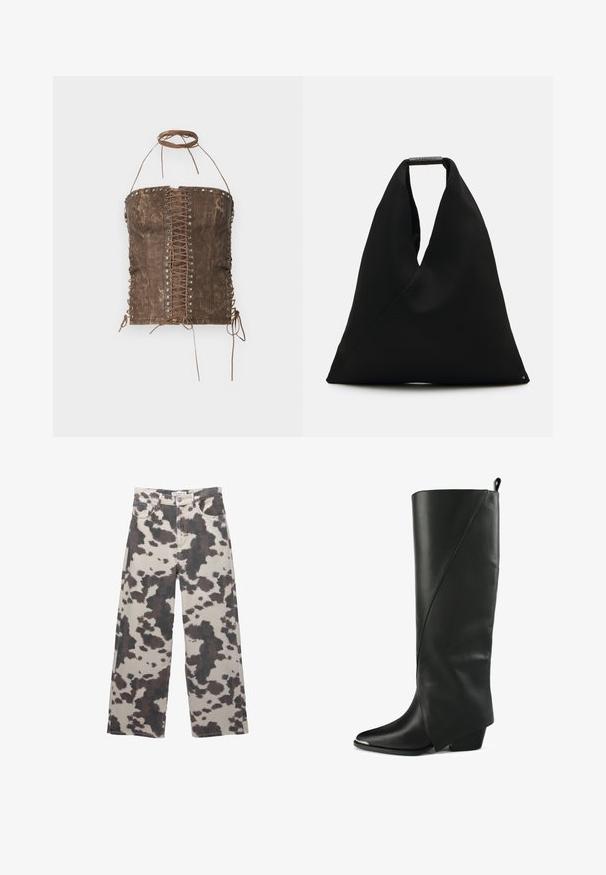Bruine faux leren korsettop met een veterbeslag aan de voorkant, zilveren oogjes en verstelbare strikken aan de zijkanten en neklijn. Gladde textuur, nauwsluitend ontwerp.; Wijd gesneden jeans in een beige kleur met een bruin koeienprintpatroon. Voorzien van een knoopsluiting en een design met vijf zakken. Gemaakt van denimstof.; Zwarte leren kniehoogte laarzen met een puntige neus, hoekig ontwerp, gebogen naden en een lage blokhak.; Zwart stoffen draagtas met een uniek V-vormig ontwerp en een gladde textuur. Voorzien van een korte handgreep met minimalistische hardware-details.