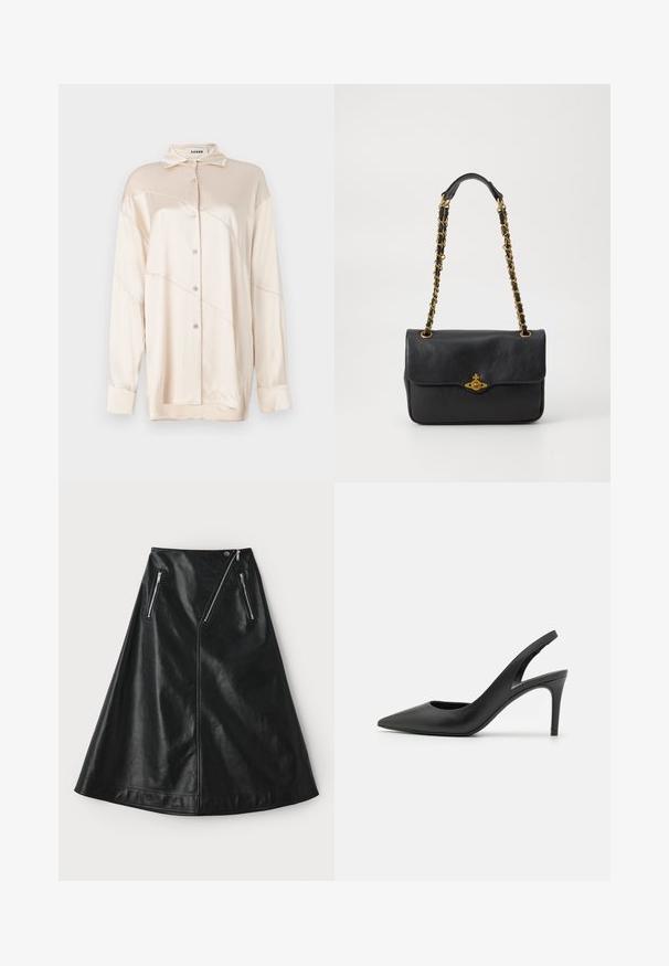 AERON ABIGAIL SHIRT - Užsagstoma palaidinė - silver; Juoda odinė A formos sijonas su šiek tiek blizgia tekstūra, turintis dvi asimetrines užtrauktuko kišenes ir užsegimą prie juosmens.; Juodos odinės šlepetės su aukštu kulnu ir ilgu smailiu nosiu, turinčios išpjovą priekyje ir ploną stiletą.; Juodas odinis rankinukas su užlenkiama sklende, auksinės spalvos grandinėlė ir logotipo detalių dekoracija priekyje. Lygi tekstūra.