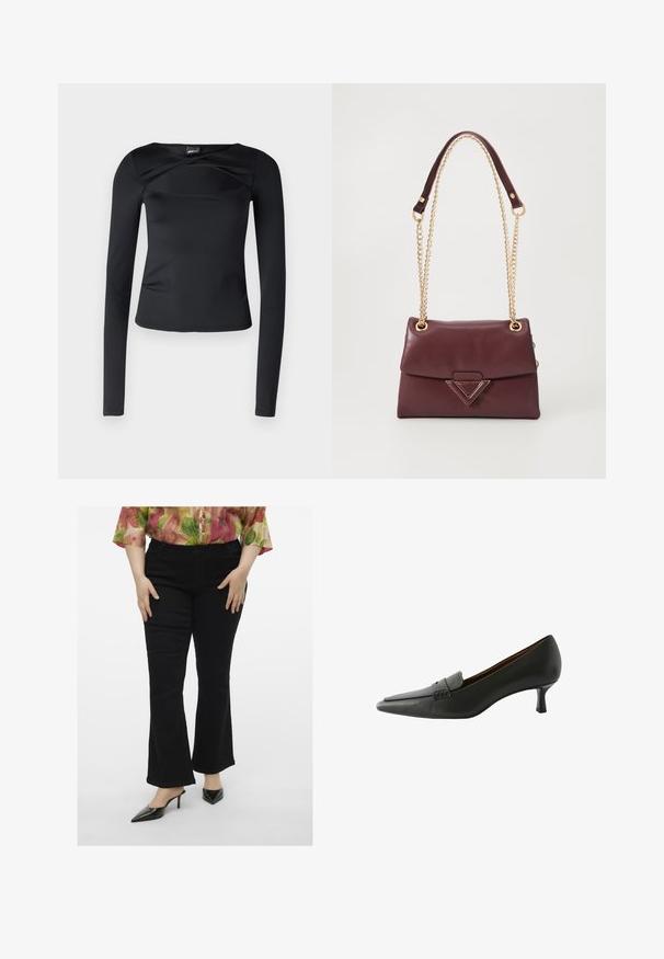 Must musternärviline must topp, mis on valmistatud siledast kangast. Sellel on lai ümmargune kaelus ja esipoolse keerutuse detail, samuti kitsenev siluett.; Mustad flared teksad sujuva tekstuuriga, viis taskut ja kesk kõrgus. Ühildatud teravate mustade kontsade ja lillelise särgiga.; Must Kuid mustad nahast kontsad, millel on terav nina ja dekoratiivne rihm. Omab madalat stilettokeele ja sujuvat tekstuuri.; Burgundi värvi nahk käekott, millel on kokkuvoltitav klapp, kuldne kett rihm ja ees kolmnurkne metallaktsent. Siledat tekstuuri.