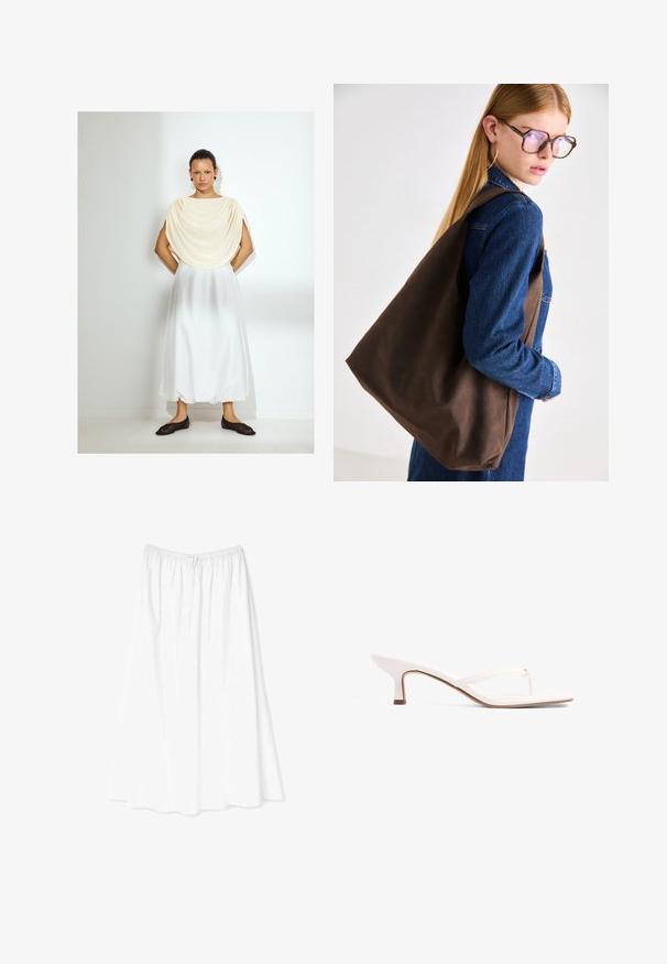 Light cream draped top, white flowing skirt, and dark slip-on shoes. Smooth fabric textures, simple design, knee-length. Minimalist style.; White, ankle-length skirt made of lightweight fabric; features an elastic waistband and delicate floral pattern throughout.; White thong-style sandal with low heel, made of smooth material, featuring simple straps and a minimalistic design. Brown sole accents.; Brown leather tote bag with a soft texture, featuring a spacious design and a single strap. Worn with a blue denim jacket.