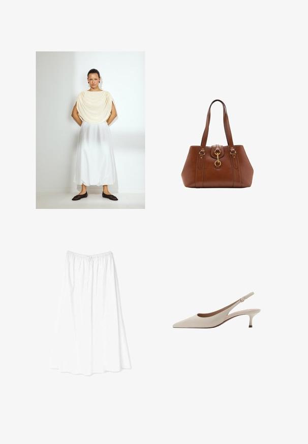 Top in crema chiaro drappeggiato, gonna bianca fluente e scarpe scure slip-on. Tessuti morbidi, design semplice, lunghezza fino al ginocchio. Stile minimalista.; Gonna bianca lungo fino alla caviglia realizzata in tessuto leggero; presenta una vita elastica e un delicato motivo floreale su tutta la superficie.; Tacchi slingback beige con punta affusolata e tacco basso a campana. Realizzati in pelle liscia con un design minimalista e cinturino regolabile.; Borsa a tracolla in pelle marrone con doppie cinghie, forma arrotondata, accessori in oro e un dettaglio con fibbia centrale. Texture liscia con rifiniture cucite.