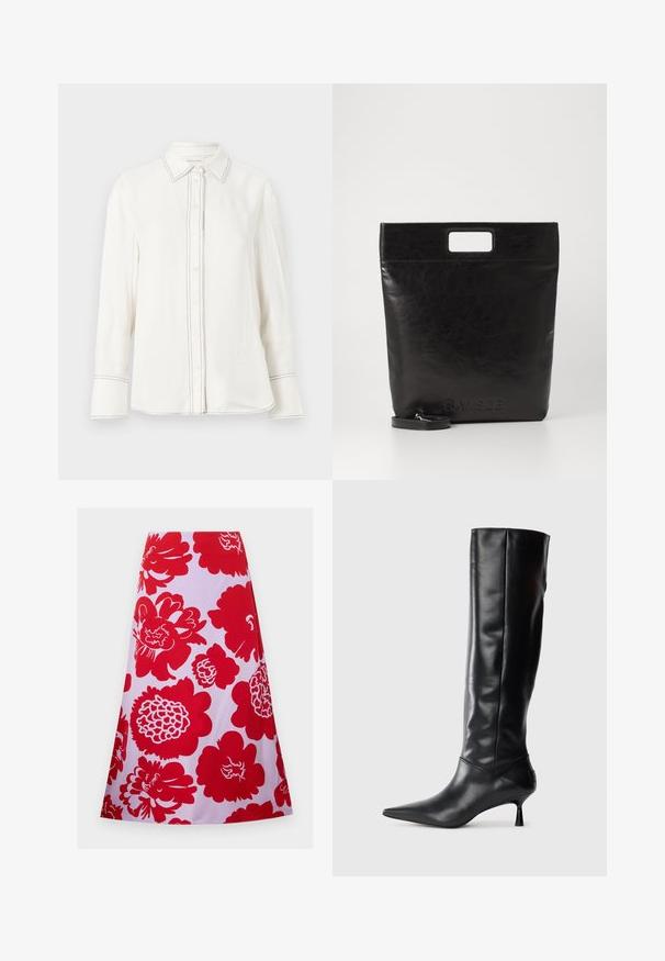 Balta garām piedurknēm krekls no gludas auduma ar pogu priekšu, norādītu apkakli un kontrastējošu melnu šķēlumu gar pogu rindām un piedurknēm.; Sarkans ziedu raksts uz baltas fona; līdz ceļgaliem, ar izplestu dizainu un gludu tekstūru. Nav redzamu aizdares vai akcents.; Melnas ādas ceļgala augstuma zābaki ar norādītu purngalu un plānu izliekumu papēdi. Gluda tekstūra, pieguļošs dizains un bez redzamām detaļām vai rakstiem.; Melna ādas tote soma ar kvadrātveida rokturi, ar teksturētu apdari un iespiestu logo. Ietver noņemamu siksnu.