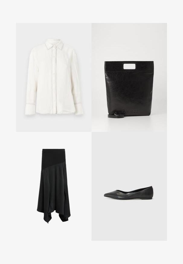 Valge pika varrukaga särk siledast kangast, millel on nööpide eest, terav krae ja kontrastne must õmblus ääres ja mansettides.; Must mustrõiv mustriga musta värvi asymmeetriline seelik, millel on sile tekstuur, laia elastse vöökoht ja külgsirgused, mis lisavad liikumisvabadust ja voolavust.; Mustrist musta ballerina king, mille terav varvas, madal konts ja sile pind. Minimalistlik disain peene külgaktsentiga.; Must mustrikotest läikega must nahast kott ruudukujulise käepidemega, millel on tekstuuriga viimistlus ja reljeefne logo. Kohandatav rihm on eemaldatav.