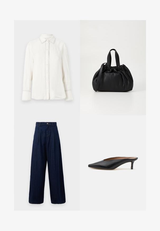 Witte langekleurige shirt in gladde stof met een knoopsluiting aan de voorkant, puntige kraag en contrasterende zwarte stiksels langs de knoopsluiting en manchetten.; Donkerblauwe denim wijde pijpen broek met een hoge taille, geplooide voorkant en klassieke knoopsluiting, voorzien van zijzakken en contrasterende stiksels.; Zwarte leren muiltjes met een puntige neus en een lage, blokhak. Glad oppervlak met een gestroomlijnd ontwerp. Open achterkant met minimale details.; Zwarte leren handtas met een geplooid ontwerp aan de bovenkant, voorzien van twee korte handvatten en een lange verstelbare schouderband. Gladde textuur, ronde vorm.