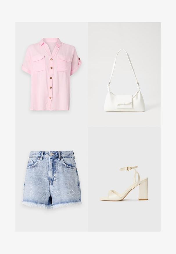 Camisa de manga curta cor-de-rosa claro, com fecho de botão à frente, dois bolsos no peito e mangas dobradas. Feita de tecido macio e leve.; Calções de ganga em azul claro com uma bainha desfiada. Apresenta aplicações de tachas prateadas em padrões de explosão de estrelas e design tradicional de cinco bolsos.; Sandálias de salto alto de cor creme, com bico aberto, salto bloco largo, tira fina no tornozelo e um acabamento ligeiramente brilhante. Detalhe de fivela na tira.; Mala sintética branca com formato triangular, aba frontal plana e detalhe de laço, alça ajustável, textura suave e design minimalista.