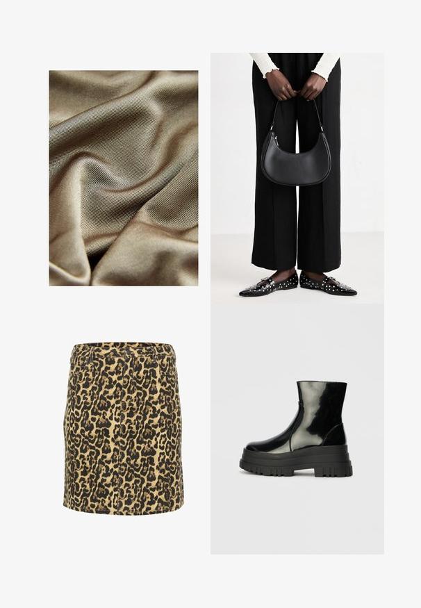 Tessuto metallico liscio di un colore oro tenui, caratterizzato da una fine trama testurizzata e una caduta morbida con qualità riflettenti delicate.; Gonna di jeans a stampa leopardata con design attillato, motivo nero e marrone su una base beige chiara, dotata di tasche frontali e vita classica.; Stivale nero lucido alla caviglia con suola spessa e tonda, vista laterale su sfondo grigio chiaro uniforme.; Borsa a spalla in pelle nera con forma arrotondata, finitura lucida e accessori in argento. Persona che indossa pantaloni ampi neri e mocassini con borchie.