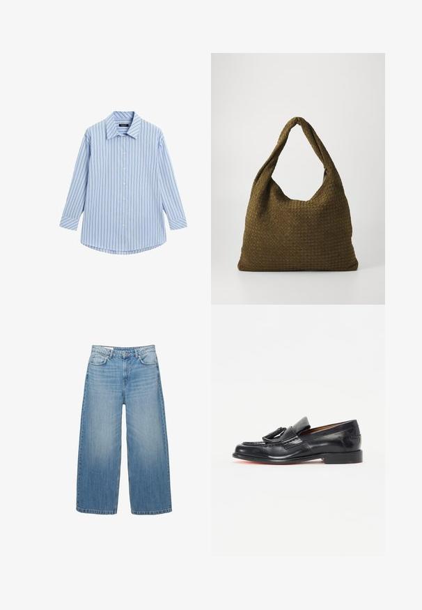 Hellblaues Hemd mit knöpfbarem Kragen, vertikalen weißen und dünnen roten Streifen, langen Ärmeln und abgerundetem Saum.; Hellblaue weite Jeans aus Denim, mit einem klassischen Fünf-Taschen-Design und einem Knopfverschluss. Im ganzen Stoff mit einem verwaschenen Look.; Schwarze Lederloafer mit runder Zehenform, ausgestattet mit einem dekorativen Quasten, genähten Details und einem niedrigen, gestapelten Absatz.; Gewebte Handtasche in Olivgrün mit einer geräumigen, runden Form und einem einzelnen, verlängerten Tragegriff. Strukturiere Oberfläche.