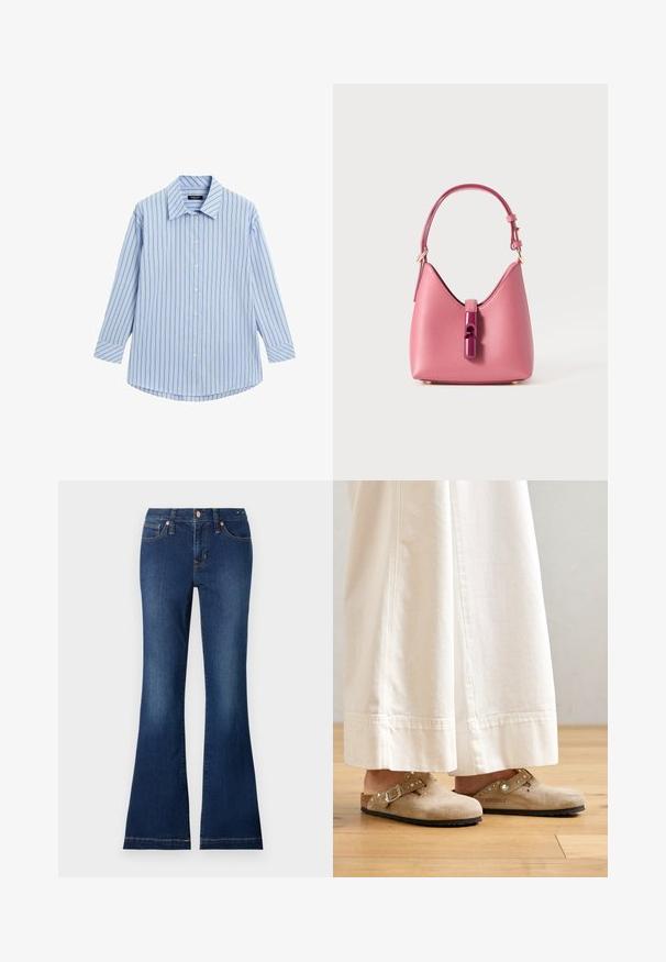 Lyseblå skjorte med knaplukning, vertikale hvide og tynde røde striber, lange ærmer, klassisk krave og en buet kanten.; Flared denim jeans i mørkeblå, med forlommer, metalknapper og subtile stiksyningsdetaljer. Cottonstof med en glat tekstur.; Beige ruskinds clogs med en spænde og nikkede accenter, iført med hvide brede bukser, sat på et trægulv.; Lyserød læderhåndtaske med en struktureret form, der har en blank accenteringslås og en enkelt justerbar rem. Tekstureret finish med guldhardware.