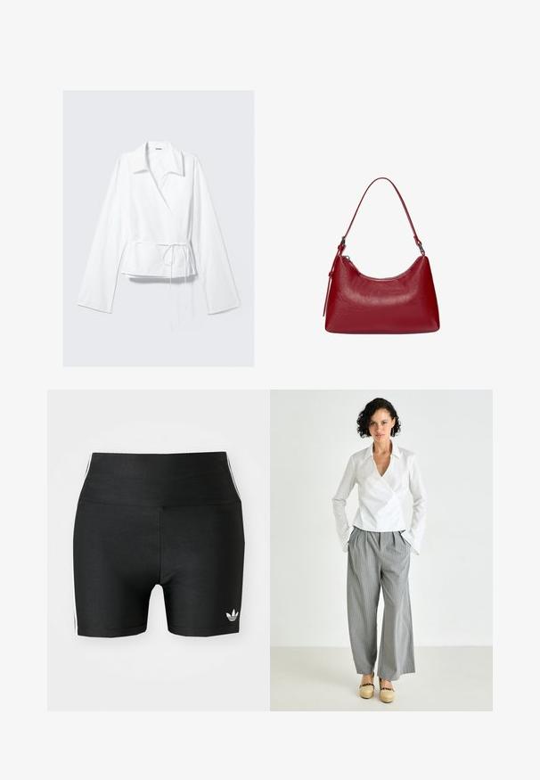 Fehér, sima anyagból készült blúz, kivágott gallérral, hosszú ujjakkal és övvel ellátott, testre simuló derékkal. Egyszerű és modern dizájn.; Fekete sportos rövidnadrág rugalmas anyagból, magas derékkal. Fehér oldalsávokkal és egy kis fehér logóval a szegélyen.; Fehér, galléros blúz, szürke csíkos, bő szárú nadrággal kombinálva, valamint bézs platform cipőkkel. Simaság és laza fit jellemzi.; Piros bőrből készült válltáska ívelt formával, sima textúrával és cipzáras záródással. Kiváló, vékony fogantyúval rendelkezik a hordozás érdekében.
