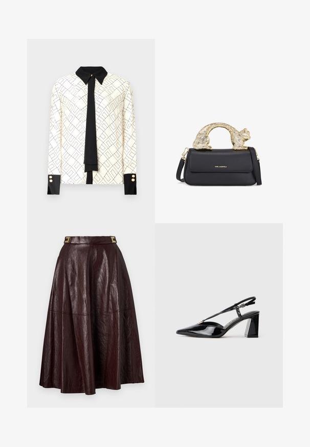 Hosszú ujjú blúz elefántcsont színben, fekete geometrikus mintával, kontrasztos fekete gallérral és mandzsettákkal, valamint fekete nyakkendő részlettel. Arany gombok díszítik a mandzsettákat.; Barna bőrből készült midi szoknya magas derékkal, arany csattal és egy áramló siluettel, melyet varrásvonalak strukturálnak.; Fekete lakk bőrből készült slingback magas sarkú cipők hegyes orral, állítható pánttal és vastag téglalap alakú sarokkal.; Fekete bőrtáska arany macska alakú fogantyúval, elülső fedéllel, állítható pánttal és logó részlettel az alsó részen.