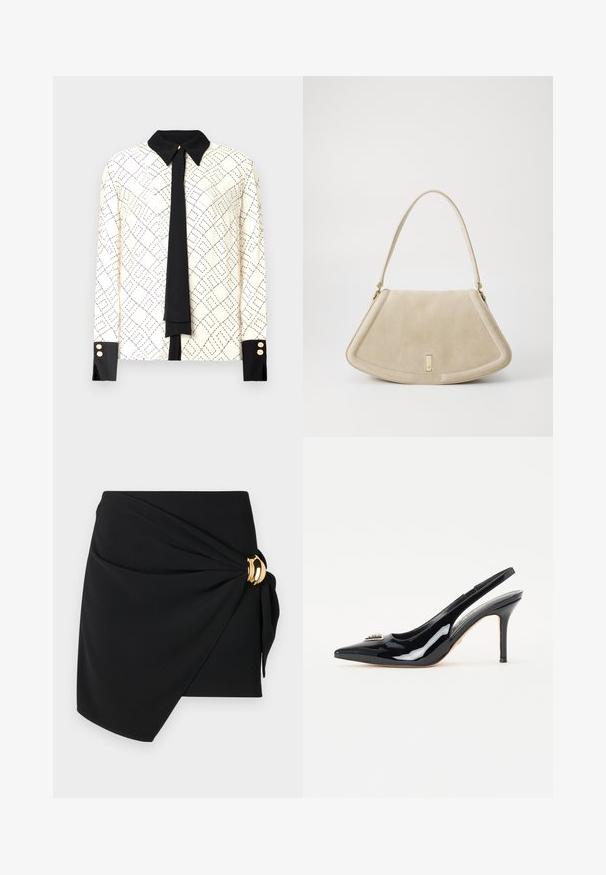 Pitkähihaisen ivory-värisen paidan, jossa on musta geometrinen printti, kontrastiväri musta kaulus ja hihansuut sekä musta solmien yksityiskohta. Kullansävytetyt napit hihansuissa.; Musta kääretakki, joka on valmistettu sileästä kankaasta ja jossa on kierretty muotoilu sekä kultasävyinen pyöreä solki sivussa.; Korko mustasta kiiltävästä nahasta, jossa on terävä vaikutelma, hoikka stiletto-korko ja koristeellinen yksityiskohta varpaissa.; Beige suède käsilaukku, jossa on pyöreän kolmion muoto, yksi hihna ja kultasävytteinen yksityiskohta edessä.