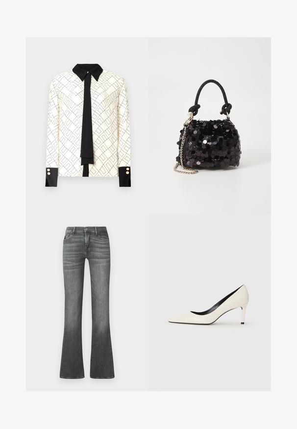 Langarm blouse in ivoorkleur met zwart geometrisch patroon, contrasterende zwarte kraag en manchetten, en een zwarte strikdetail. Gouden knoopaccenten bij de manchetten.; Grijze flared jeans van denim, met een middelhoge tailleband, subtiele vervaging en klassiek vijf-pocket ontwerp.; Witte gepatineerde leren hoge hakken met een puntige neus, slanke hak en zwarte interieurafwerking. Gladde textuur en stijlvolle uitstraling.; Zwarte pailletten mini handtas met een geknoopte textuurriem en zilveren ketting. Rondvormig met een geplooide bovenkant en reflecterende details.