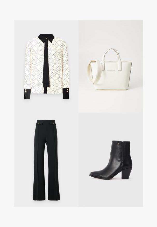 Bluza z dolgimi rokavi v slonokoščeni barvi z črnimi geometrijskimi vzorci, kontrastnim črnim ovratnikom in manšetami ter črnim detajlom s kravato. Zlati gumbi na manšetah.; Visoko pasovi črni široki hlače z detajli sprednjega šiva in dvema žepoma s poklopcem, okrašenima z zlatima gumboma na pasu.; Črne usnjene gležnjarje s koničastim prstom, elastičnimi stranskimi paneli in kvadratno peto. Imajo majhen zlati logotip.; Bela sintetična usnjena torbica z kratkimi ročaji, nastavljivim ramenskim trakom in zlatim kovinskim okovjem; na sprednji strani je subtilen logotip.