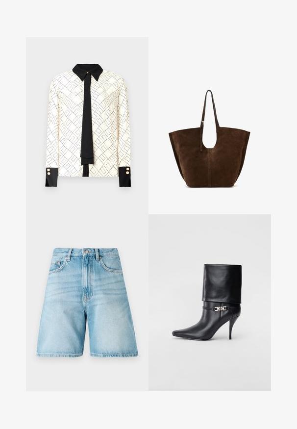 Bluza z dolgimi rokavi v slonokoščeni barvi z črnimi geometrijskimi vzorci, kontrastnim črnim ovratnikom in manšetami ter črnim detajlom s kravato. Zlati gumbi na manšetah.; Svetlo modri denim kratki hlače z udobnim krojem, ki vključujejo pet žepov, zanke za pas in zbledel videz. Rob je raven in šivani.; Črne usnjene gležnjarje z ostrim nosom, visokim stiletto peto, zavihanim robom in zlatim okrasnim zaponko na gležnju.; Rjava antilopna torba z širokim telesom, odprtim vrhom in preprostim dizajnom, ki ima dolge usnjene trakove in izrezan detajl ročaja.