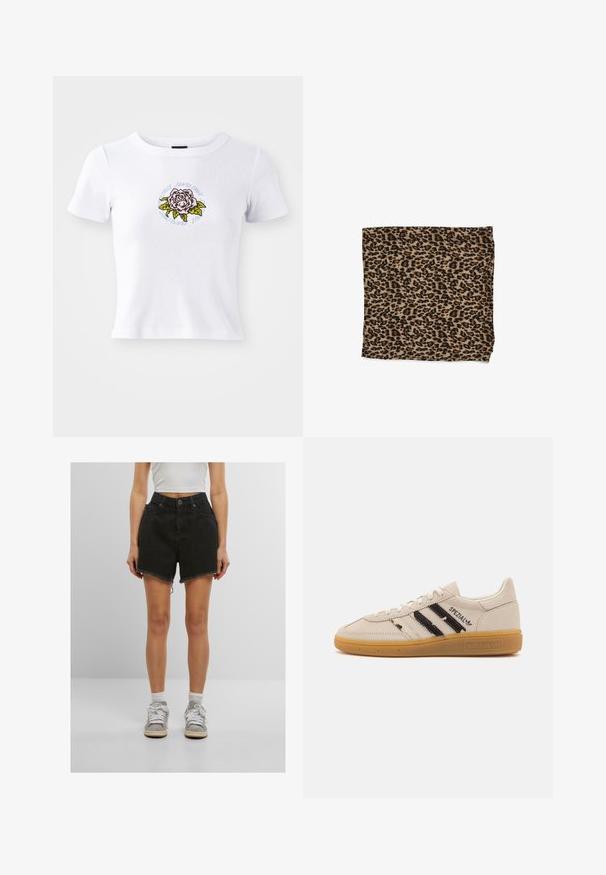 Fehér, rövid ujjú, testhezálló póló, középen hímzett rózsa grafikával, amely körben szöveggel van ellátva.; Fekete farmer rövidnadrág magas derekkal, nyers szélekkel és oldalsó zsebekkel, fehér sportcipőkkel és bokazoknival párosítva.; Beige bőr sneaker fekete csíkokkal és "Spezial" felirattal, texturált gumitalppal és klasszikus fűzős kialakítással.; Beige alapú leopárdmintás szövet fekete foltokkal, sima textúrával, téglalap alakban, hajtva, befejezett szélekkel.; Fehér mintás, elegáns téglalap alakú clutch táska, sima textúrával és állítható pánttal. Diszkrét logó dizájnnal és ezüst kiegészítőkkel rendelkezik.