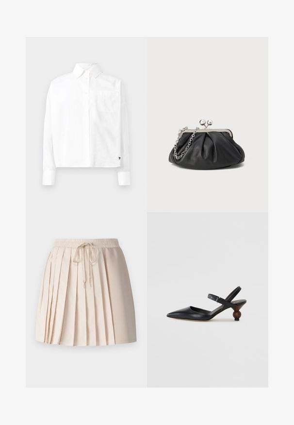 Bílá košile s dlouhým rukávem a knoflíkovým zapínáním, s špičatým límcem, jednou náprsní kapsou a manžetami. Vyrobena z hladké, lehké látky.; Pletená sukně v světlé béžové barvě, vyrobená z měkké tkaniny. Má elastický pas se šňůrkou a vertikální sklady pro texturu.; Černé kožené sandály s úzkým páskem kolem kotníku, špičatou špičkou, zakřiveným designem a kulatým podpatkem připomínajícím dřevo.; Černá kožená kabelka s nabíranou texturou, stříbrný kovový rám, uzávěr na klips a řetízkový popruh. Hladký, jemný povrch.