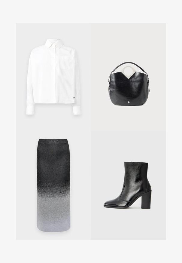 Fehér, hosszú ujjú, gombos ing, hegyes gallérral, egyetlen mellzsebbel és kis mandzsettával. Simább, könnyű anyagból készült.; Fémes szoknya ombré mintával, amely a feketéből az alján ezüst színre átmenetet képez, sima textúrával és elegáns formával rendelkezik.; Fekete bőr bokacipő sima textúrával, hegyes orral és vastag, magas sarkával. Oldalnyílással és minimalista dizájnnal rendelkezik.; Fekete bőr táska ívelt formával, kerek felső fogantyúval és ezüst színű logóval. Simma textúra és figyelemre méltó kivágott dizájn jellemzi.