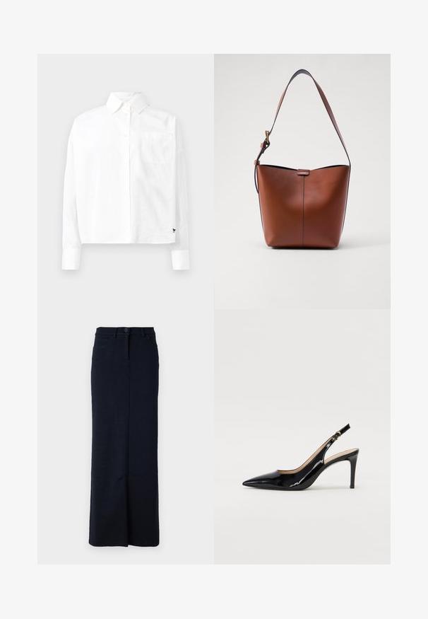 Camisa blanca de manga larga con cuello puntiagudo, un bolsillo en el pecho y mangas con puños. Fabricada en una tela suave y ligera.; Falda larga de mezclilla azul marino con silueta recta, cierre de botones en la parte delantera, pasadores para cinturón y bolsillos delanteros. Textura suave.; Zapatos de charol negro con tirante al tobillo, punta afilada, tacón delgado y un diseño de corte sutil. Presenta una hebilla dorada en la correa.; Bolso de hombro de cuero marrón con forma curva, textura suave y una única correa delgada. Presenta una costura sutil y un pequeño detalle del logo.