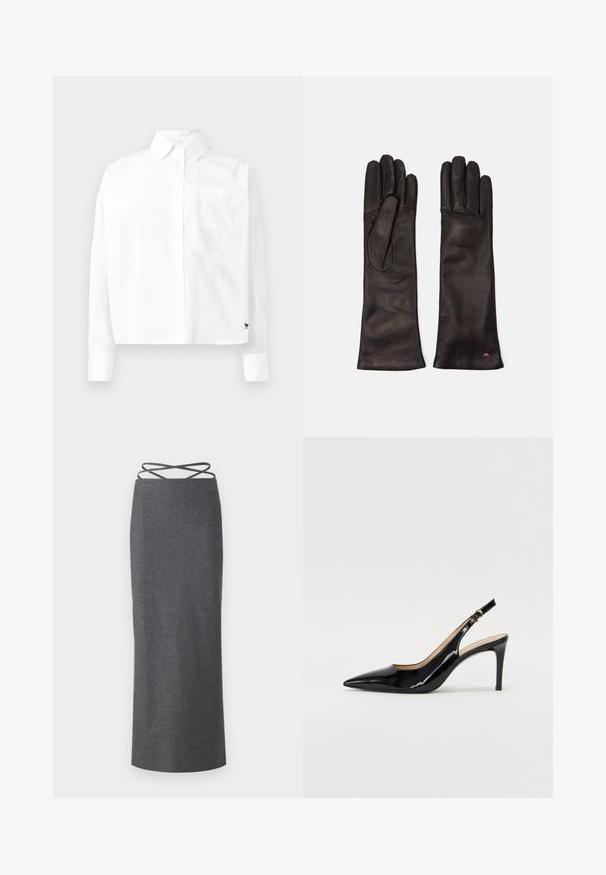 Chemise blanche à manches longues avec col pointu, poche poitrine simple et manches à poignets. Fabriquée en tissu lisse et léger.; Jupe midi grise en tissu doux et extensible. Elle présente une silhouette droite et des bretelles croisées à la taille pour un maintien sécurisé.; Pompe slingback en cuir verni noir avec un bout pointu, un talon fin et un design de découpes subtil. Elle dispose d'une boucle dorée sur la sangle.; Weekend Max Mara SENAPE - Gants - nero