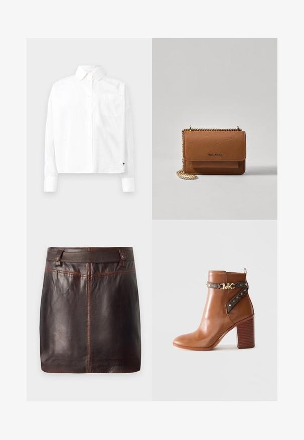 Hvit langermet skjorte med knapper og spiss krage, enkelt brystlomme og mansjetter. Laget av glatt, lett stoff.; Mørkebrun lær mini-skjørt med bred talje, der har to bæltestropper sikret med metalknapper.; Brune lær ankle boot med stablet blokhæl, sidestraps med guldnitter og en guld "MK" logo spænde.; Brun teksturert lær crossover-veske med gullkjede-stropp og klaffelukking. Fronten har logo-detalj og en lomme under klaffen.