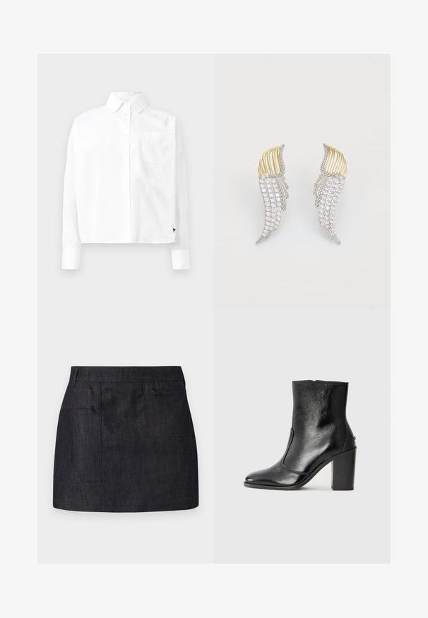 Balta garām piedurknēm pogājama krekla ar norādītu apkakli, vienu krūšu kabatu un aprocēm. Izgatavots no gludas, vieglas auduma.; Tumša džinsa svārki ar taisnu griezumu, piedāvājot divas priekšējās kabatas un smalku tekstūru. Tīrs apakšmalas dizains un standarta josta.; Melnas ādas potīšu zābaki ar gludu tekstūru, smailu purngalu un masīlu augstu papēdi. Iekļauts sānu atvērums un minimālistisks dizains.; Divi auskari, kas veidoti spārnu formā, ar sudraba krāsas metālu, caurspīdīgiem, apaļiem akmeņiem un zelta krāsas metāla akcentiem, slāņainā dizainā.