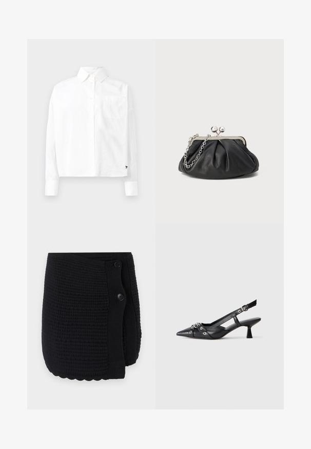 Valge pika varrukaga nööbiga särk, millel on terav krae, üks rinnatasku ja mansetid. Valmistatud siledast, kergekaalulisest kangast.; Mustra musternuga mustriga musterdiskangastusega musternuga, kahe suure nööbi ja lainetava äärisega. Pehme materjal ja mugav disain.; Must must have must toote tõmblukuga, dekoratiivsed rihmad metallist silmadega ja madal blokk-kand. Tekstureeritud pind.; Musthave musta nahast käekott, millel on volditud tekstuur, hõbedane metallraam, lukustatud sulgemismehhanism ja kett. Sile ja pehme pind.