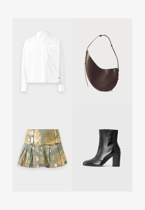 Valge pika varrukaga nööbiga särk, millel on terav krae, üks rinnatasku ja mansetid. Valmistatud siledast, kergekaalulisest kangast.; Kuldne ja türkiissinine volditud denimseelik läikiva viimistlusega, millel on istuv vöökoht ja kontrastsete õmblustega detailid.; Must kõvale nahast pahklipsu saapad, millel on sile tekstuur, terav varvas ja paks kõrge kann. Omab külgavatust ja minimalistlikku disaini.; Pruun nahast käekott kumerate joontega, ühe rihmaga ja minimalistliku disainiga. Omab diskreetset logo ja kuldseid detaile.