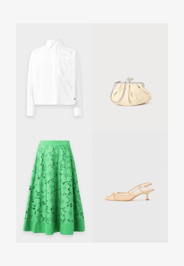 Biela dlhá košeľa s hodvábnymi rukávmi, so špicatým golierom, jednou náprsníkovou vreckom a manžetami. Vyrobená z hladkého, ľahkého materiálu.; Zelená sukňa s kvetinovými vyrezávanými vzormi, hladkou textúrou a priliehavým pásom. Spodný okraj je pevný a mierne rozšírený.; Stuart Weitzman KITTY - Klasické lodičky na opätku - beige/barely beige; Zhlý béžový kožený klobúk so strieborným kovovým rámom, ktorý má dve okrúhle dekoratívne zámky a strieborný reťazový popruh.