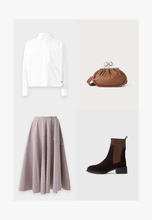 Bijela košulja dugih rukava s gumbima i oštrom kragnom, jednim džepom na prsima i manžetama. Izrađena od glatkog, laganog materijala.; Prugasta suknja s okomitim bijelim i burgundskim prugama, s lepršavim dizajnom i nabranom teksturom u struku, izrađena od lagane tkanine.; Smeđe antilop čizme do gležnja s teksturiranim smeškim rebrastim gornjim delom, glatkom završnom obradom, niskim blok petom i rupicom na peti za lakše obuvanje.; Smeđa kožna torbica s srebrnim kopčom u obliku kuglice i malim srebrnim lančićem na bijeloj pozadini.