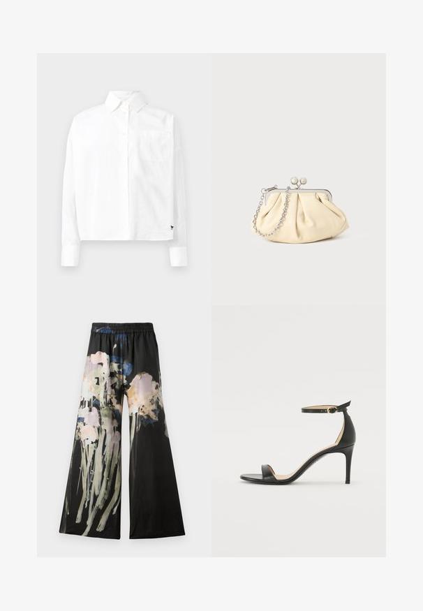Hvid langærmet skjorte med knaplukning, spids krave, enkelt brystlomme og manchetter. Lavet af glat, let stof.; Breddebukser i sort stof med et akvarel blomstermønster i pink, blå og grønne nuancer; elastisk talje for komfort.; Sort læder højhælede sandaler med ankelrem. Har en glat tekstur, åben tå og en tynd hæl. Guldtonet spænde detalje.; Plisseret beige læderclutch med en sølvmetalramme, der har to runde dekorative låse og en sølvkædetrasporte.